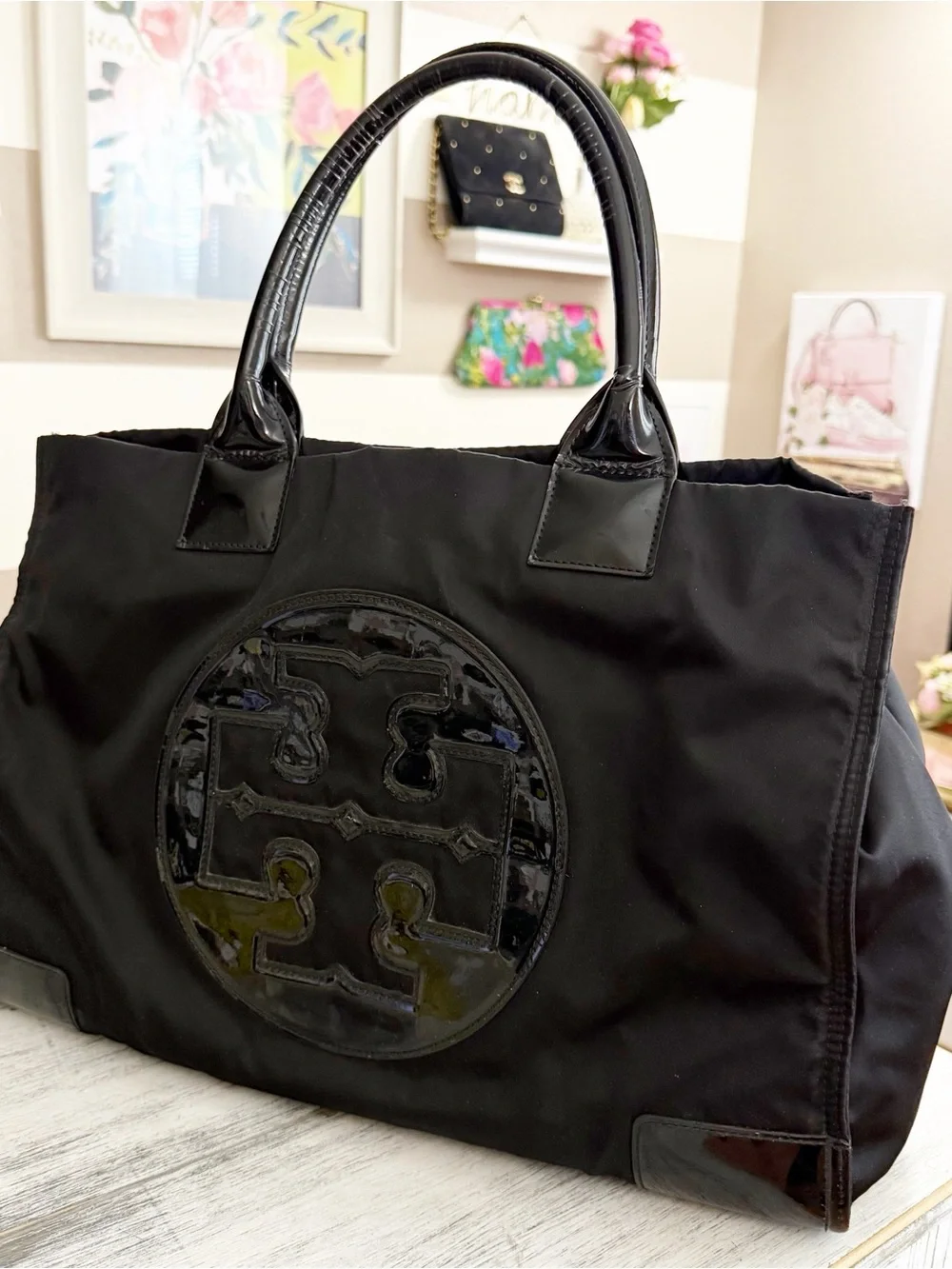 Tory Burch Ella Black Patent Logo nylon Tote